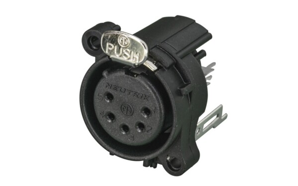 XLR 5p. Chassis Female Silver contacts ABS housing Vertical PCB mount