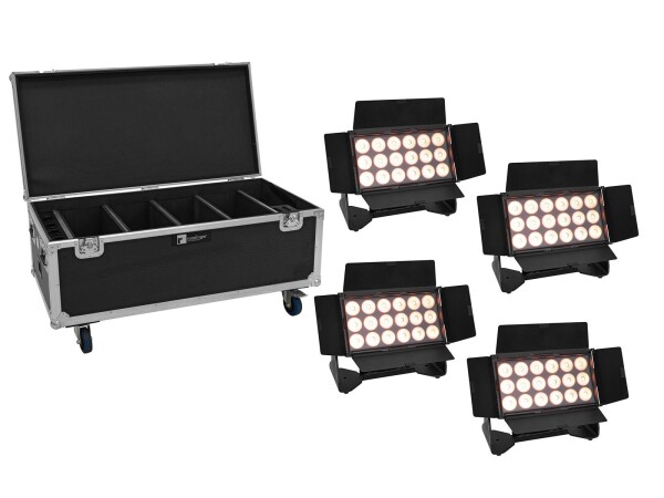 Set 4x AKKU Multiflood IP 18x10W RGBW Wash CRMX + Case mit Rollen