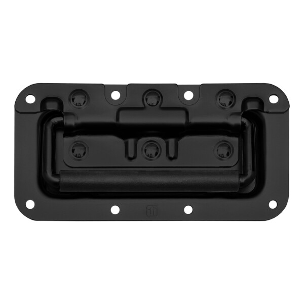 340822BLK - Maniglia pieghevole con impugnatura in PVC, piccola e con molla di ritorno, montata in piastra da incasso da 8 mm di profondità, colore nero