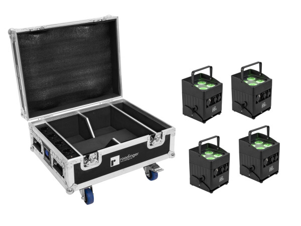 Set 4x AKKU IP UP-4 QCL Spot QuickDMX MK2 + Flightcase with wheels and charging function