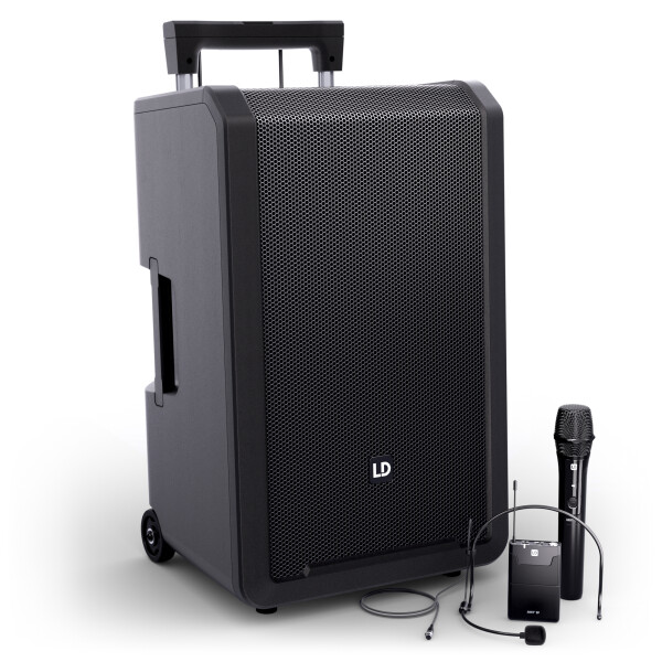 ANNY® 12 HBH2 B8 - 12" Mobiler Bluetooth® PA-Lautsprecher mit Akkus, Mixer, 1 × Funkmikrofon und 1 × Headset-Mikrofon (inkl. Taschensender)