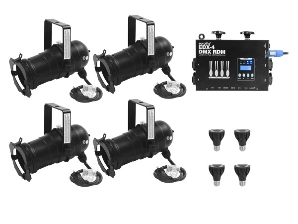 Set 4x PAR-20 Spot bk dim2warm + EDX-4 DMX RDM LED Dimmer Pack